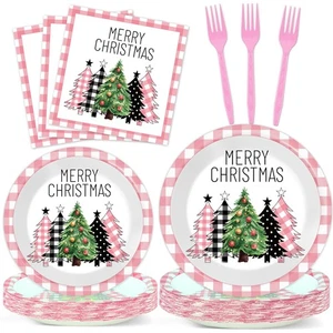 96Pcs Pink Gingham Buffalo Plaid Christmas Tree Paper Plates and Napkins for ... - Picture 1 of 7