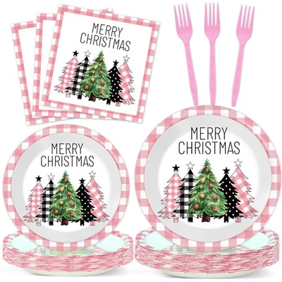 96Pcs Pink Gingham Buffalo Plaid Christmas Tree Paper Plates and Napkins for ... - Image 1 of 4