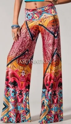 New Womens JUP HIGH WAISTED RED BOHO AZTEC BALI TRIBAL TALL PALAZZO PANTS S USA - Image 1 of 4