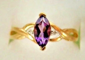 10K Solid Yello Gold Marquise AMETHYST Diamond Birthstone Engagement Ladies Ring - Picture 1 of 3