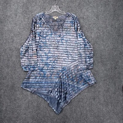 Túnica boho One World Top para mujer XL azul terciopelo sombra rayas manga 3/4 cuello en V Foto 1 de 4