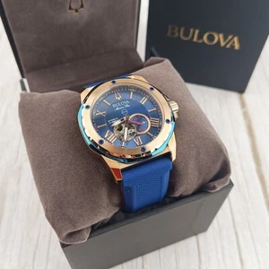 Bulova Marine Star A Automatic Blue Gold Dial Rubber Strap Men 98A227 Watch 45mm - Picture 1 of 8