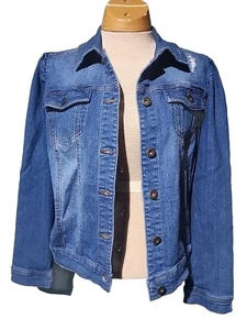 One World Womans Jean Jacket With Puff Sleeve Size Medium  - Picture 1 of 4