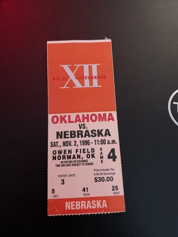 1996 Oklahoma Sooners Nebraska Cornhuskers Football Ticket Stub Tom Osborne Cover