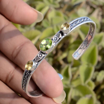 Green Peridot, Citrine Gemstone Bracelet 925 Sterling Silver Cuff Man's Jewelry - Image 1 of 4
