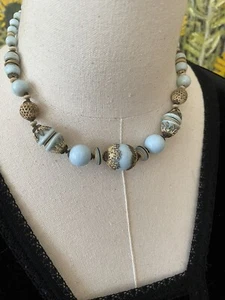 Vintage Powder Blue Glass Capped Beaded Necklace Possibly French Restrung - Picture 1 of 5