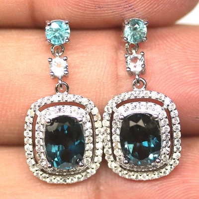 925 Silver 6 x 8 mm. London Blue Topaz, Zircon & Cubic Zirconia Earrings - Image 1 of 4