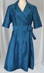 Vestido Jones New York 100 % seda verde azulado envolvente calce acampanado hasta la rodilla talla 14 - Imagen 1 de 9