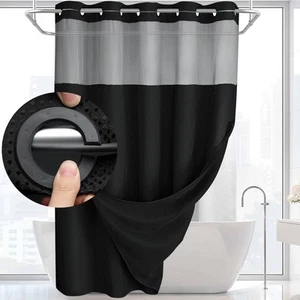 No Hook Shower Curtain with Snap in Liner Set Less Time Black Waffle Shower C... - Picture 1 of 6