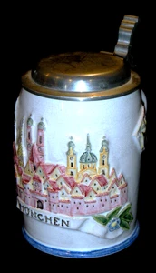 Rare L. Mory Munchen Hand Painted Raised Relief Pottery Stein with Pewter Lid - Picture 1 of 21