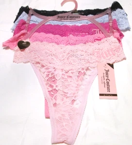 JUICY COUTURE Women's SZ L- 5Pk Lace Logo Thong Panties Black /BLUE & pinks-NWT - Picture 1 of 11