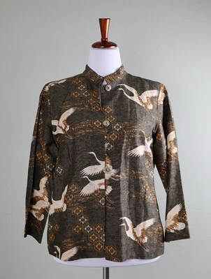 CITRON Santa Monica $179 Floral Crane Bird Print Button Up Shirt Top Size Large - Image 1 of 4