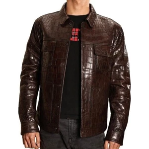 Men genuine Lambskin Alligator crocodile Pattern leather Trucker Jacket - Imagen 1 de 6