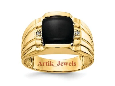 Natural Ónice Negro Piedra Con 14K Anillo Plata Chapado en Oro para Hombre #340 - Imagen 1 de 4