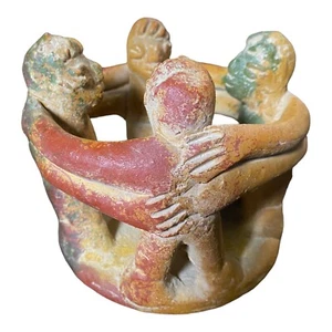 Circle Of 4 Friends Candleholder Mayan Aztec Pottery Folk Art Made In Mexico - Picture 1 of 11