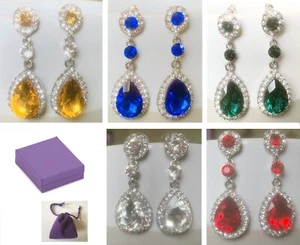 Orecchini pendenti goccia lunga grande strass cristallo argento diamante sposa matrimonio - Foto 1 di 9