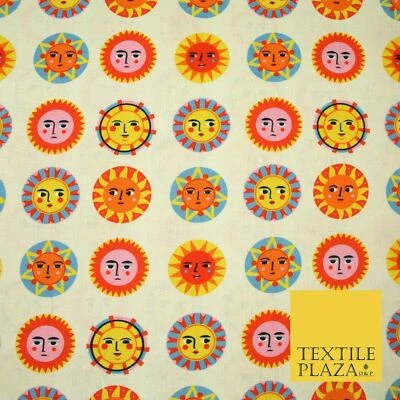 TEXTILE PLAZA Beige Artsy bunte Sonnenscheingesichter Digitaldruck 100 % Baumwolle Stoff 58" 5412