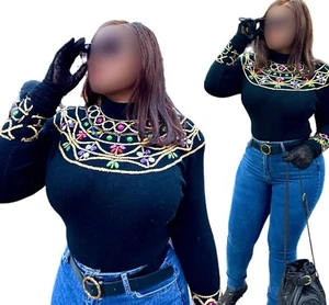 Carlisle Sport Vintage Lambswool Beaded Black Gold Jumper Sweater - Size M/L - Picture 1 of 15