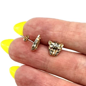 14K Real Gold CZ Ruby Eyes Leopard Stud Earrings 8.5mm - Picture 1 of 7