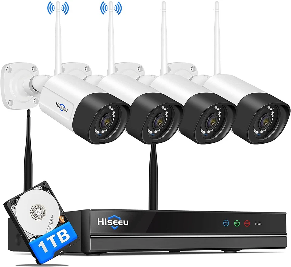Hiseeu 3MP WIFI 8CH IP 2K NVR Outdoor Wireless Security Camera System CCTV Audio - Image 1 of 4