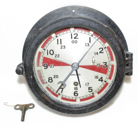 Vintage Chelsea Boston Defence Porthole Maritime Ship Radio Room Clock w/ Key Cover