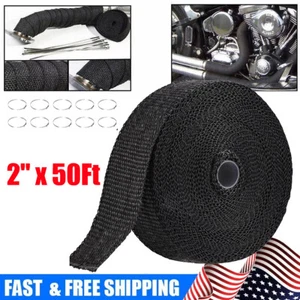 2" X 50FT Exhaust Wrap Manifold Header Fiberglass Heat Wrap Tape W/10 Ties Black - Picture 1 of 12