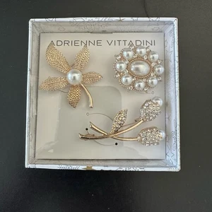Adrienne Vittadini GoldTone Rhinestone & Pearl Brooch Pins Set of 3 New in Box - Picture 1 of 8
