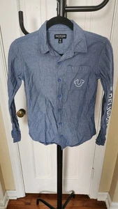True Religion Boys Shirt M Blue Logo Long Sleeves Cotton - Picture 1 of 9