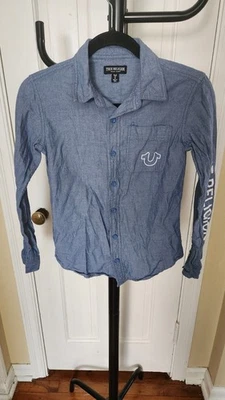 Camisa masculina True Religion logotipo azul M manga comprida algodão - Imagem 1 de 4