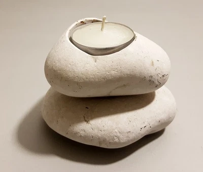 Double Two Stone Candle Tea Light Holder. Cream White Pebbles. Votive. Candle. - Image 1 of 3