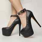Women Pumps Metal Studs Round Toe Slip on High Heels Party Club Shoes Big Size