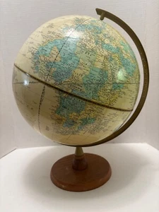Vintage 12" Cram's Imperial World Globe Brass Stand Oak Base - Picture 1 of 14