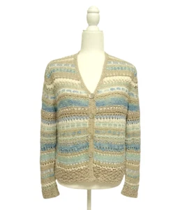 Sigrid Olsen S Petite Mix-medium Beige Blue Seafoam White Crochet Knit Cardigan - Picture 1 of 9