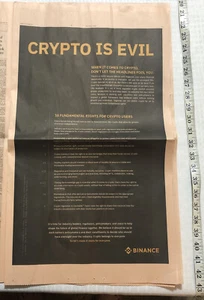 BINANCE RIGHTS CRYPTO IS EVIL ADVERTISEMENT FINANCIAL TIMES 11/16/2021 NEWSPAPER - Afbeelding 1 van 12