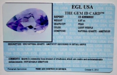 EGL USA CERTIFIED NATURAL LIGHT PURPLE QUARTZ-AMETHYST 0.87CT PEAR SHAPE - Image 1 of 4