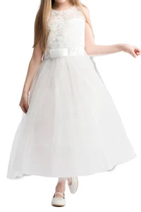 Abito da Cerimonia Bambina Elegante Margaret con Pizzo, Tulle e Fiocco in Satin - Foto 1 di 5