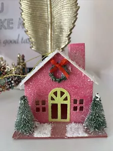 Pink Putz Style House Ornament Wondershop Target Cardboard Bottle Brush Tree NEW - Picture 1 of 7