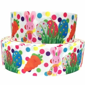 GROSGRAIN RIBBON 5/8", 7/8", 1.5", 3" Easter Bunny Carrots Dots Eggs Printed - Picture 1 of 1