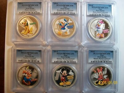 2014 DISNEY 6 CHARACTERS  6 oz SILVER COINS COMPLETE SET PCGS PR 70 DC FS - Image 1 of 2
