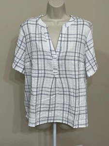 Blusa Gloria Vanderbilt para mujer blanca y azul cuello en V manga corta dobladillo alto-bajo L - Imagen 1 de 12