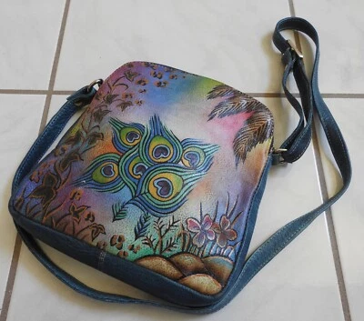 Bandolera de cuero pintado a mano BIACCI PLUMAS DE PAVO REAL colorido bolso monedero Foto 1 de 4