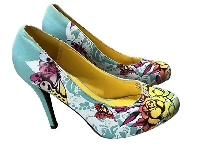 BOMBAS DE SALTO ALTO BORBOLETA FLORAL GRÁFICO ED HARDY TAMANHO 9 - Imagem 1 de 4