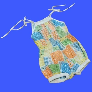Vintage 70s Kids Patchwork Pattern Romper with Tie Straps - Picture 1 of 9