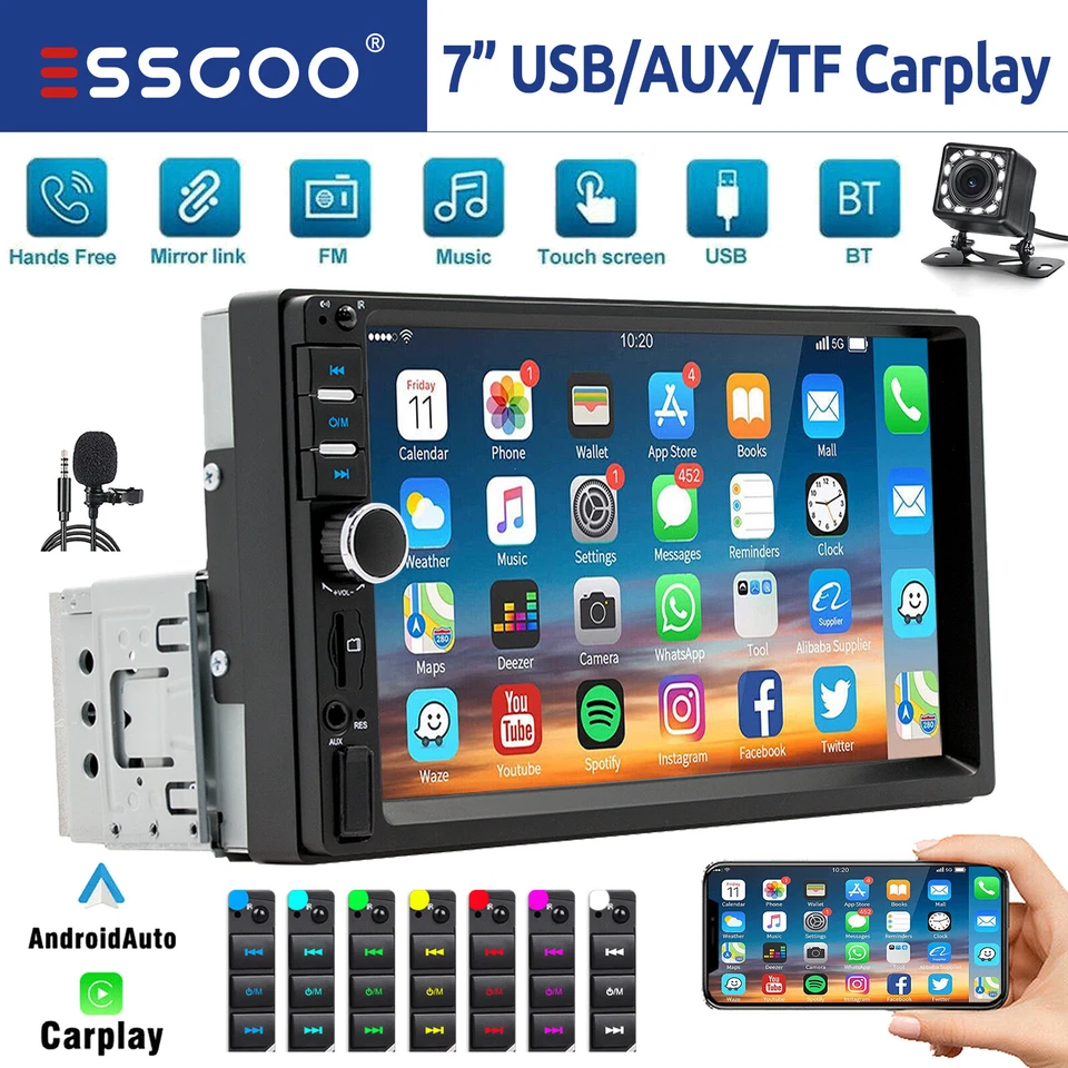 1 DIN Autoradio 7 Zoll Carplay Android Auto Bluetooth USB AUX TF Mikrofon Kamera - Bild 1 von 4