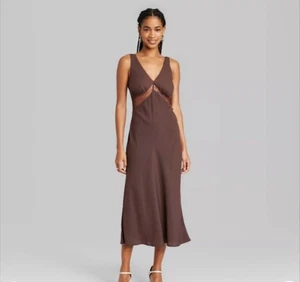 Wild Fable Damen Midi-Schlupfkleid Spitzendetail V-Ausschnitt schokobraun Large - Bild 1 von 5