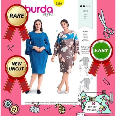 Burda 6389 Sewing Pattern 2x Floating Semi Fitted Misses' Dress PLUS SIZE 20-30 - Image 1 of 4