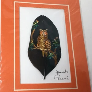 Vintage Panama Hand Painted Owl Bird Feather Painting Signed Almeida 4x6” Sealed - Picture 1 of 12