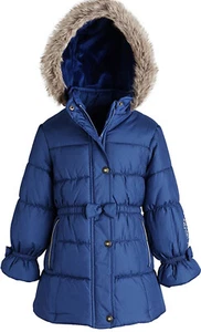 London Fog Baby Girls Faux Fur Trim Hooded Bow Detail Puffer Coat Blue 12M - Picture 1 of 4