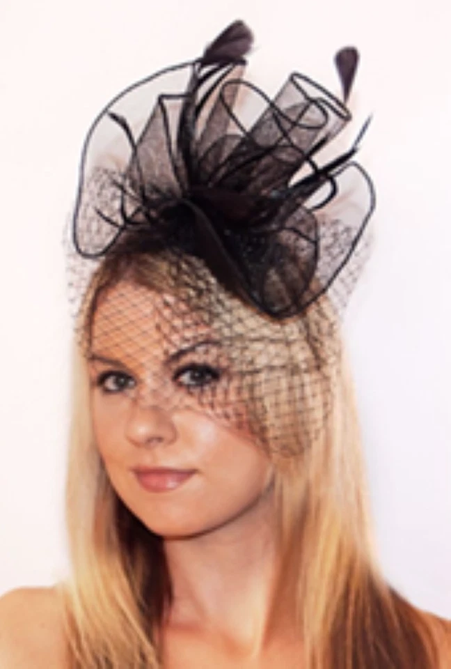 Sombrero Fascinator Organza Negro con Plumas y Clip de Red Damas Vestido Sombrero Foto 1 de 1