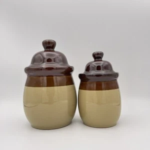 vtg redware pottery canister set of 2 with lids brown glaze pottery 48oz 24oz - Picture 1 of 12
